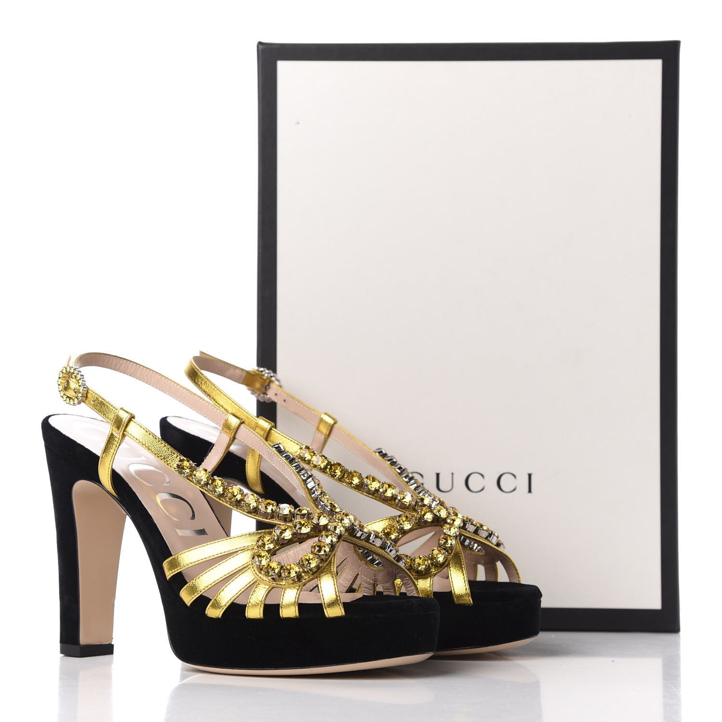Velvet Nappa Crystal Zephyra Slingback Platform High Heel Sandals 37 Black Gold