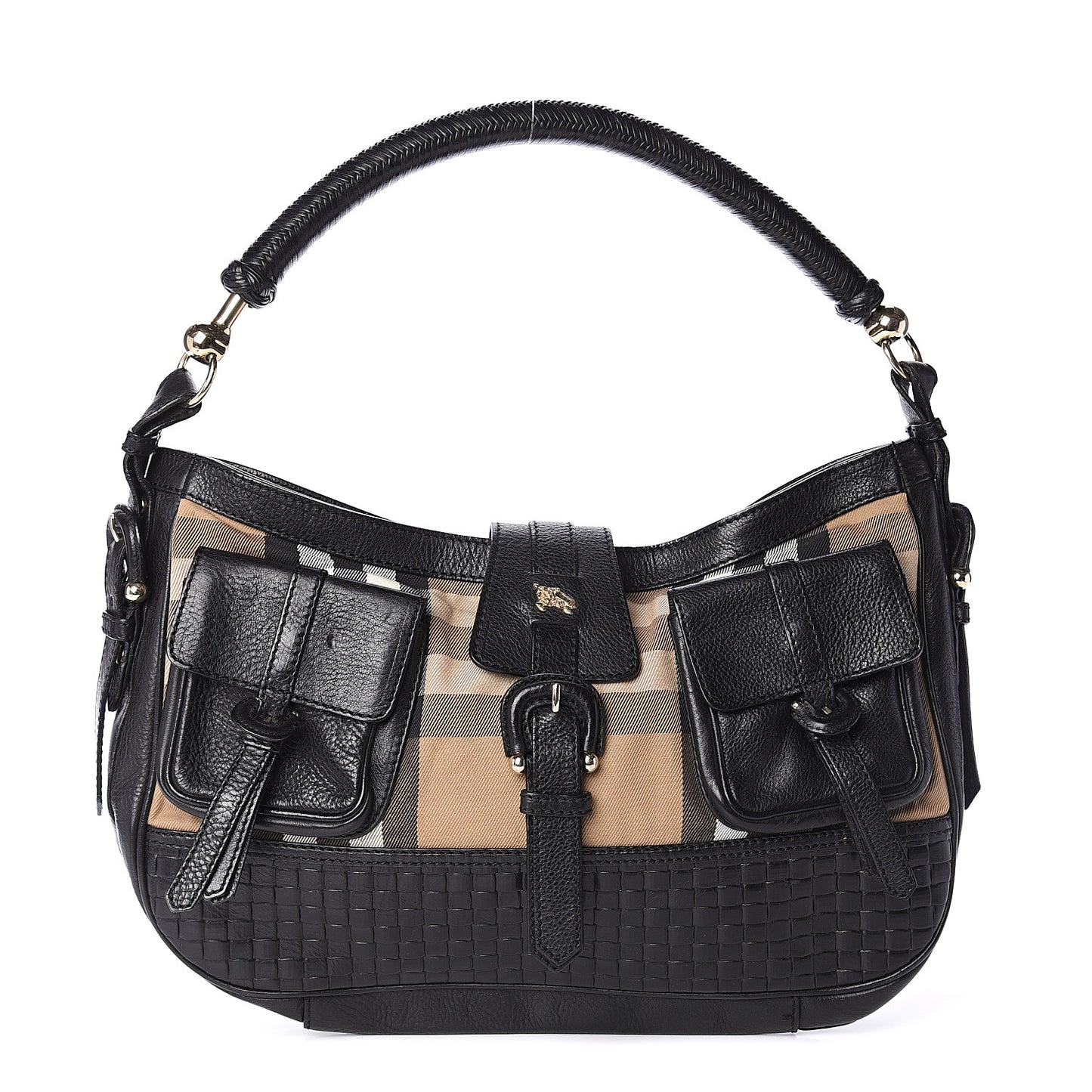 House Check Woven Calfskin Pocket Hobo Black