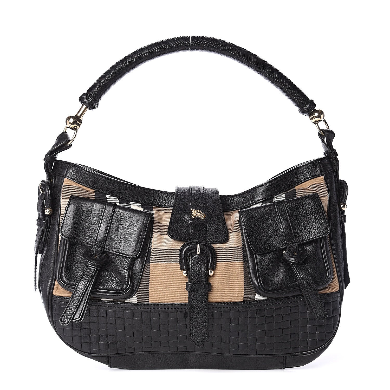 Burberry House Check Woven Calfskin Pocket Hobo Black 1 of 8