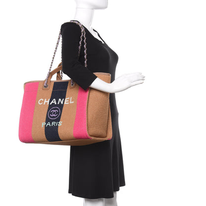 Chanel Straw Raffia Calfskin Striped Medium Deauville Tote Dark Beige Fuchsia Navy Blue 2 of 10