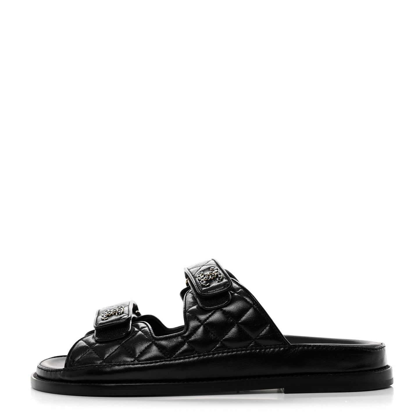 Lambskin Quilted Velcro Dad Chain CC Slide Sandals 40 Black