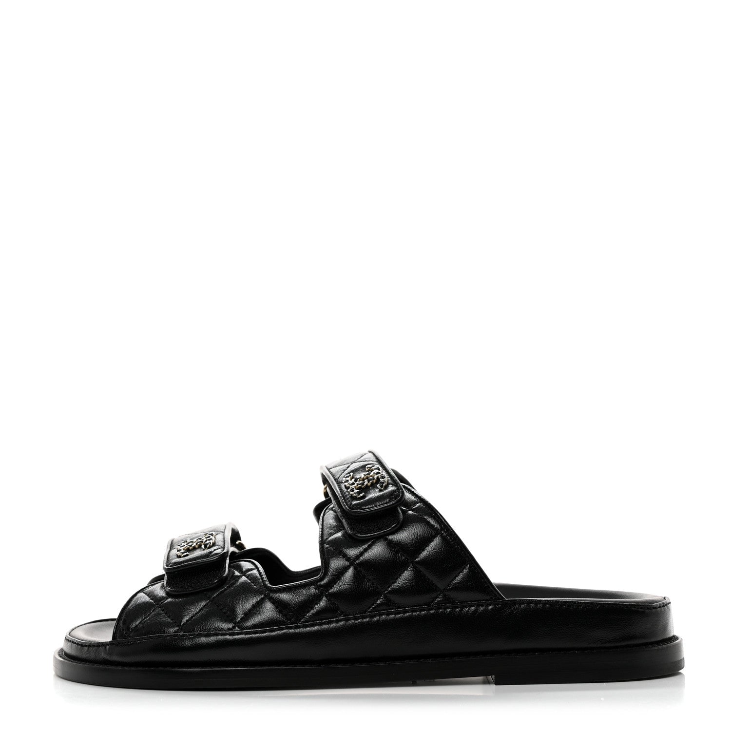 Chanel Lambskin Quilted Velcro Dad Chain CC Slide Sandals 40 Black 1 of 9