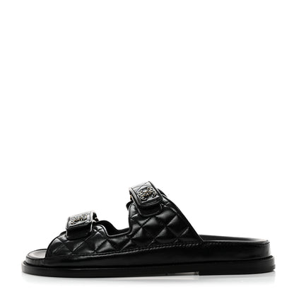 Chanel Lambskin Quilted Velcro Dad Chain CC Slide Sandals 40 Black 1 of 9