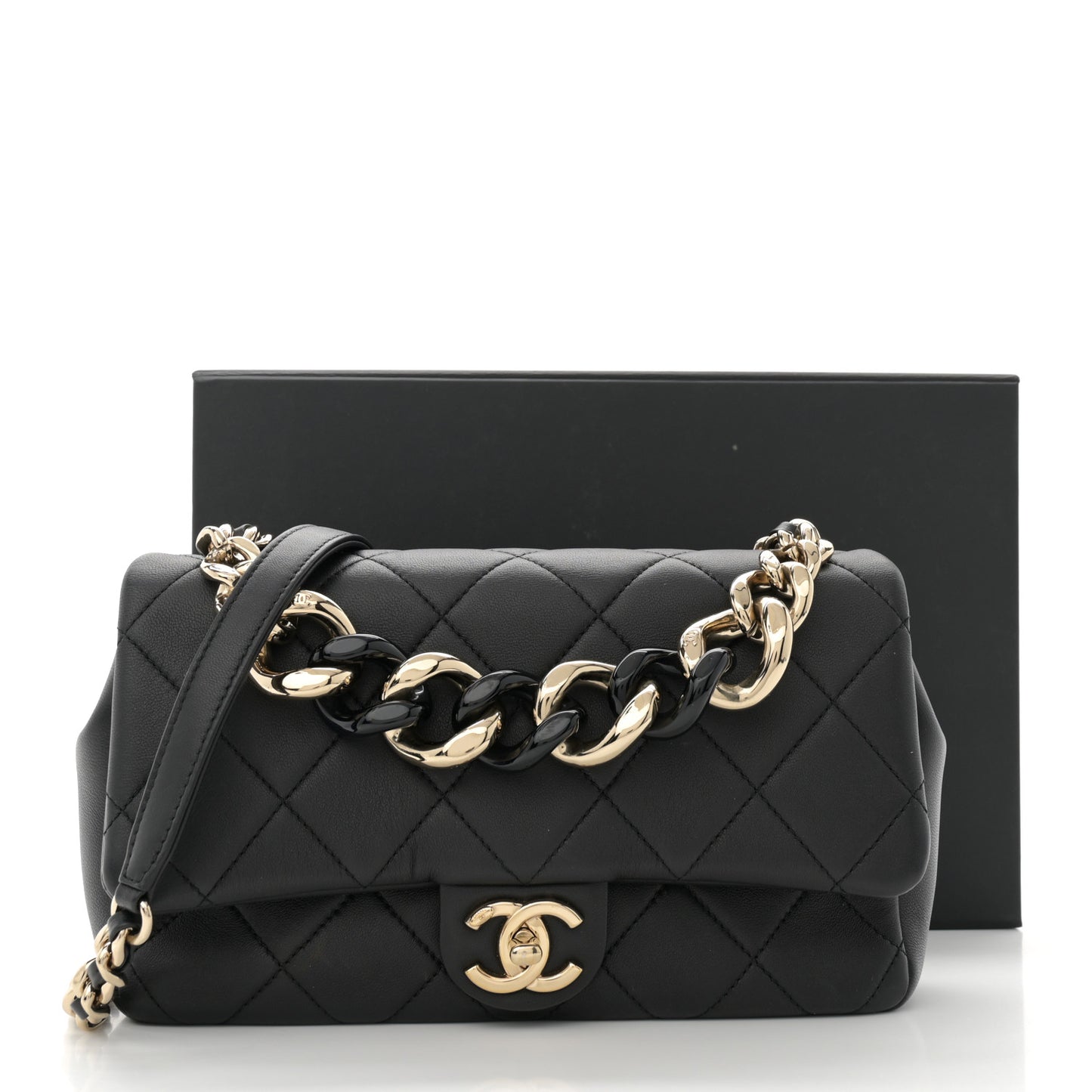 Lambskin Quilted Resin Bi-Color Chain Flap Bag Black