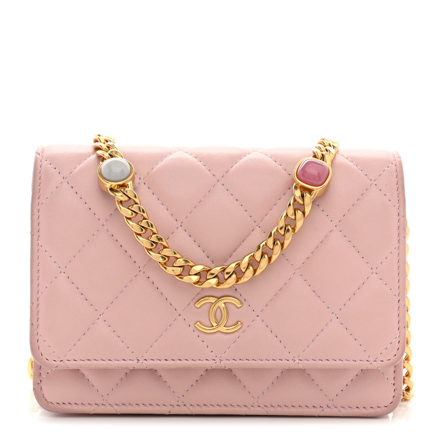 Lambskin Quilted CC Pearl Enamel Clutch on Chain WOC Light Pink