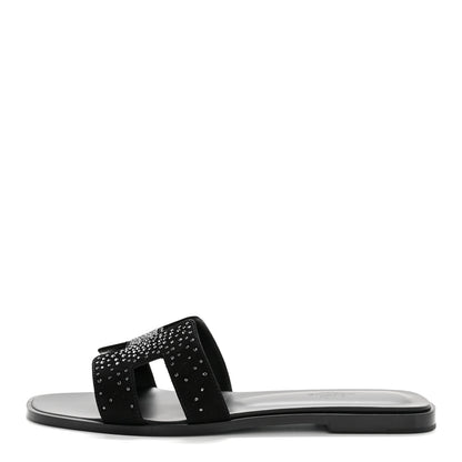 Hermes Suede Crystal Embellished Oran Sandals 40 Black 1 of 10