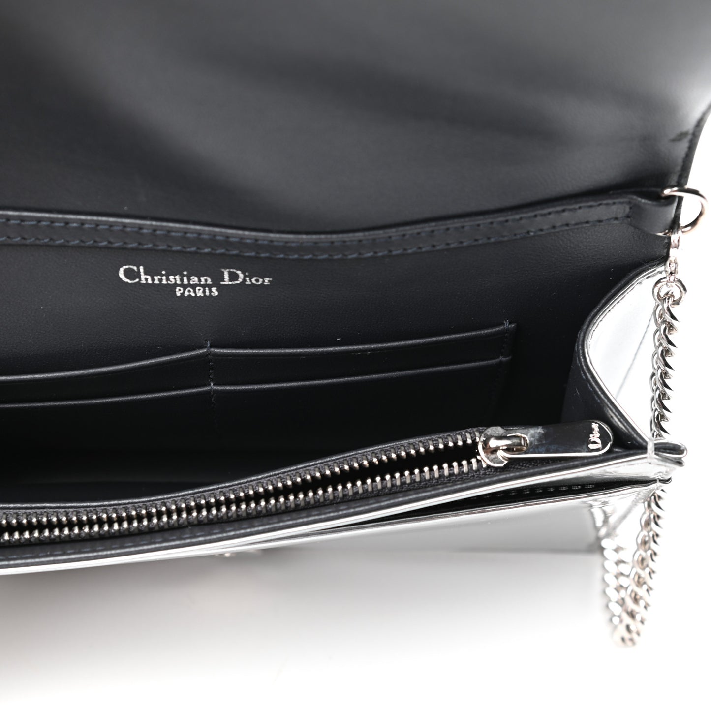 Metallic Patent Micro-Cannage Diorama Wallet on Chain Pouch Silver