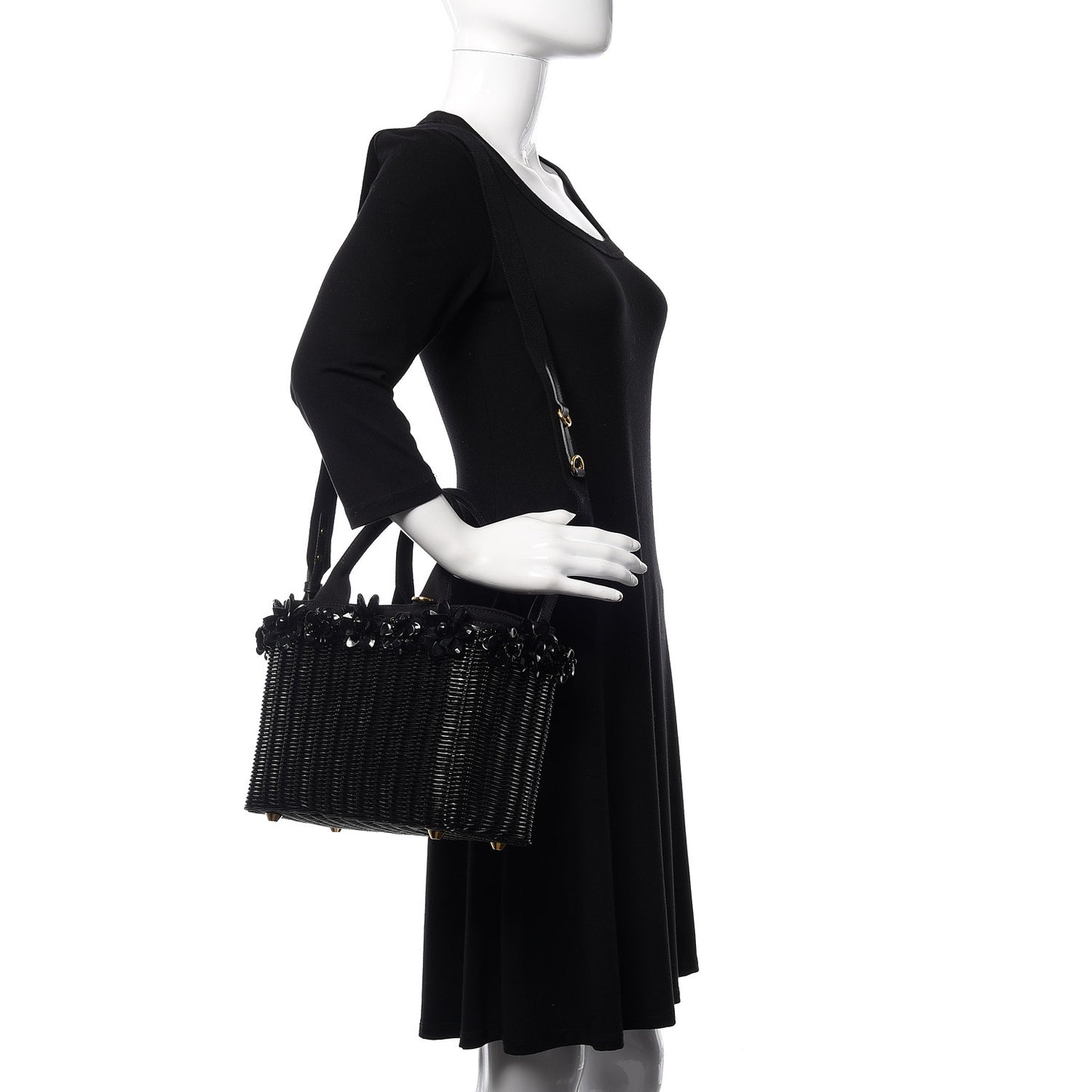 Wicker Canvas Floral Embellished Shoulder Bag Black
