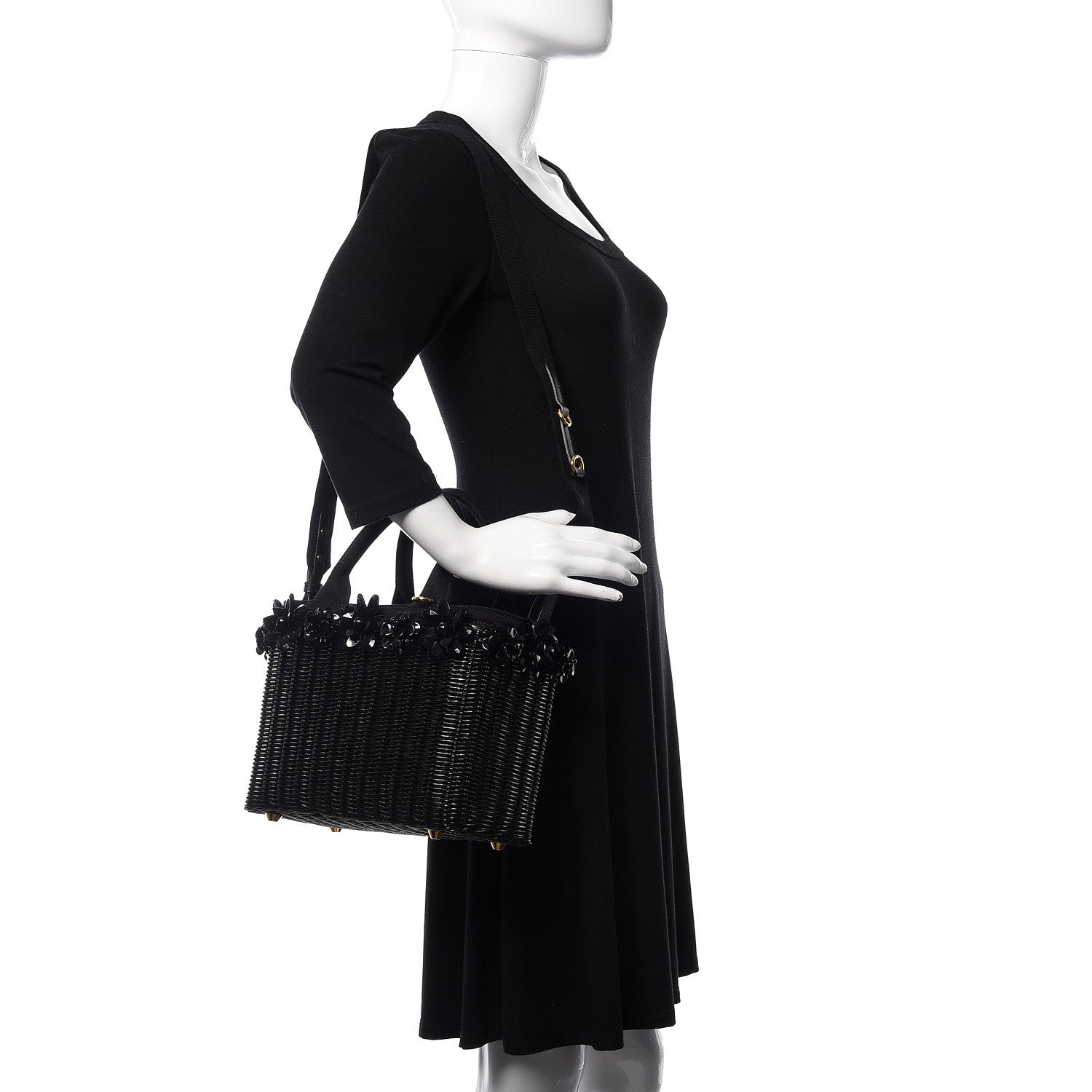 Prada Wicker Canvas Floral Embellished Shoulder Bag Black 2 of 9