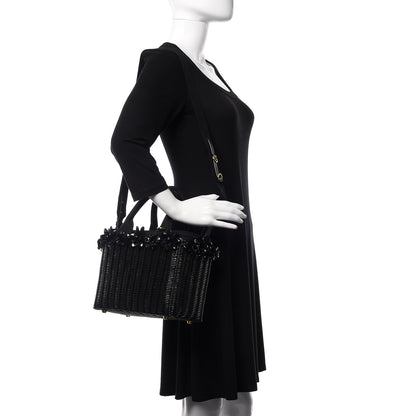 Prada Wicker Canvas Floral Embellished Shoulder Bag Black 2 of 12