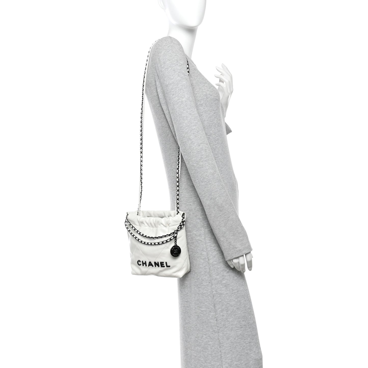 Shiny Calfskin Quilted Mini Chanel 22 White Black