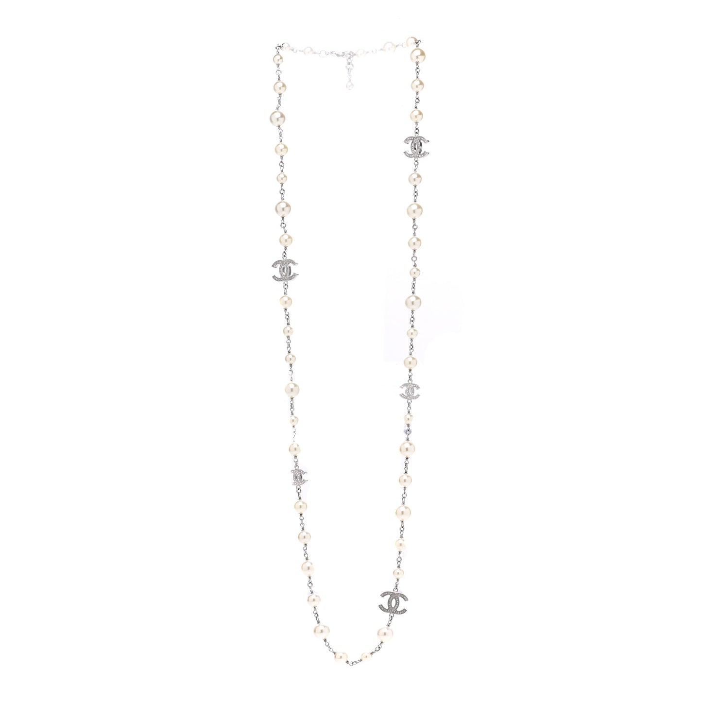 Graduated Pearl Crystal CC Long Necklace Silver