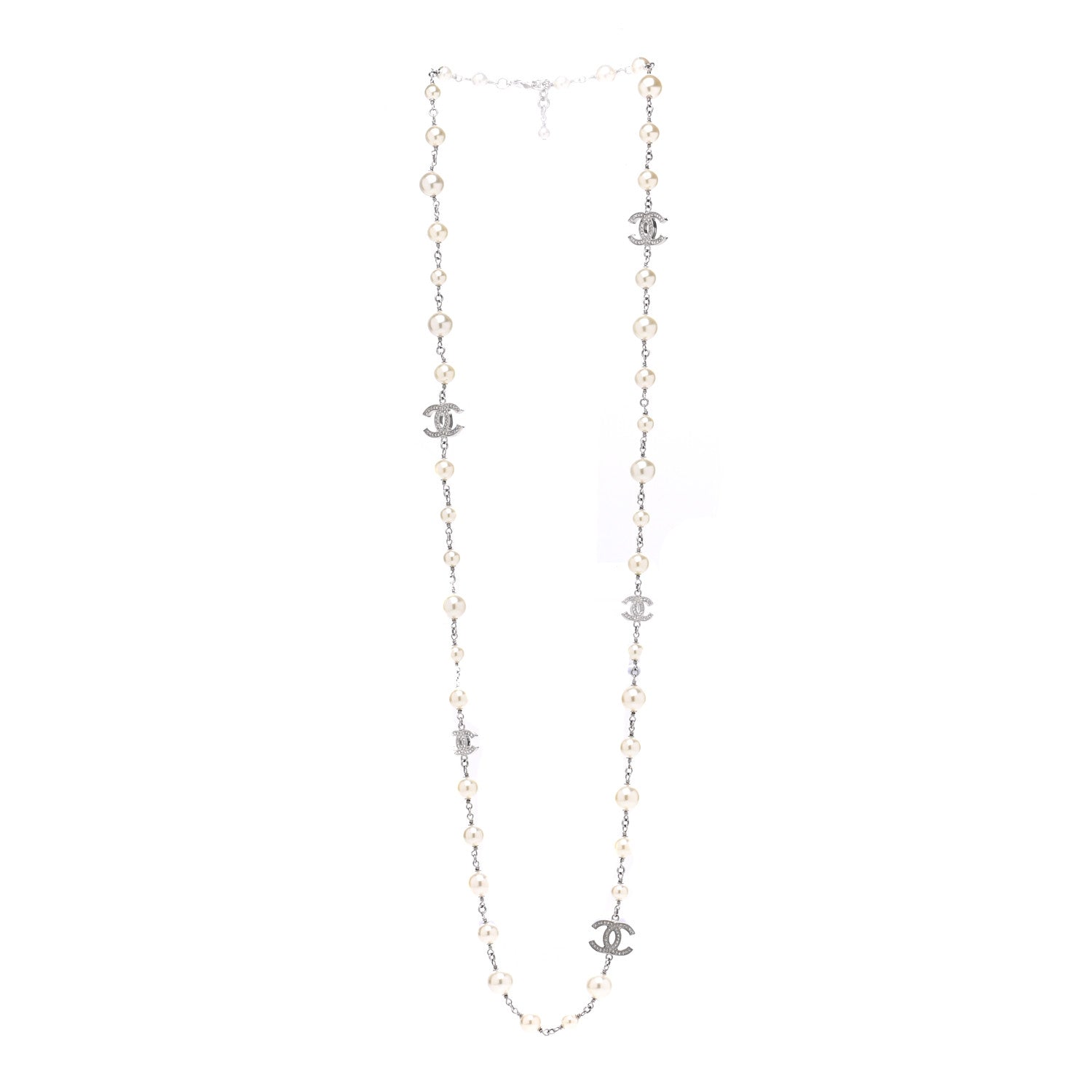 Chanel Graduated Pearl Crystal CC Long Necklace Silver 3 of 7