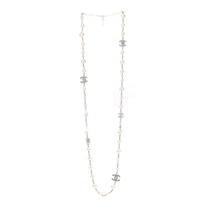 Chanel Graduated Pearl Crystal CC Long Necklace Silver 3 of 7