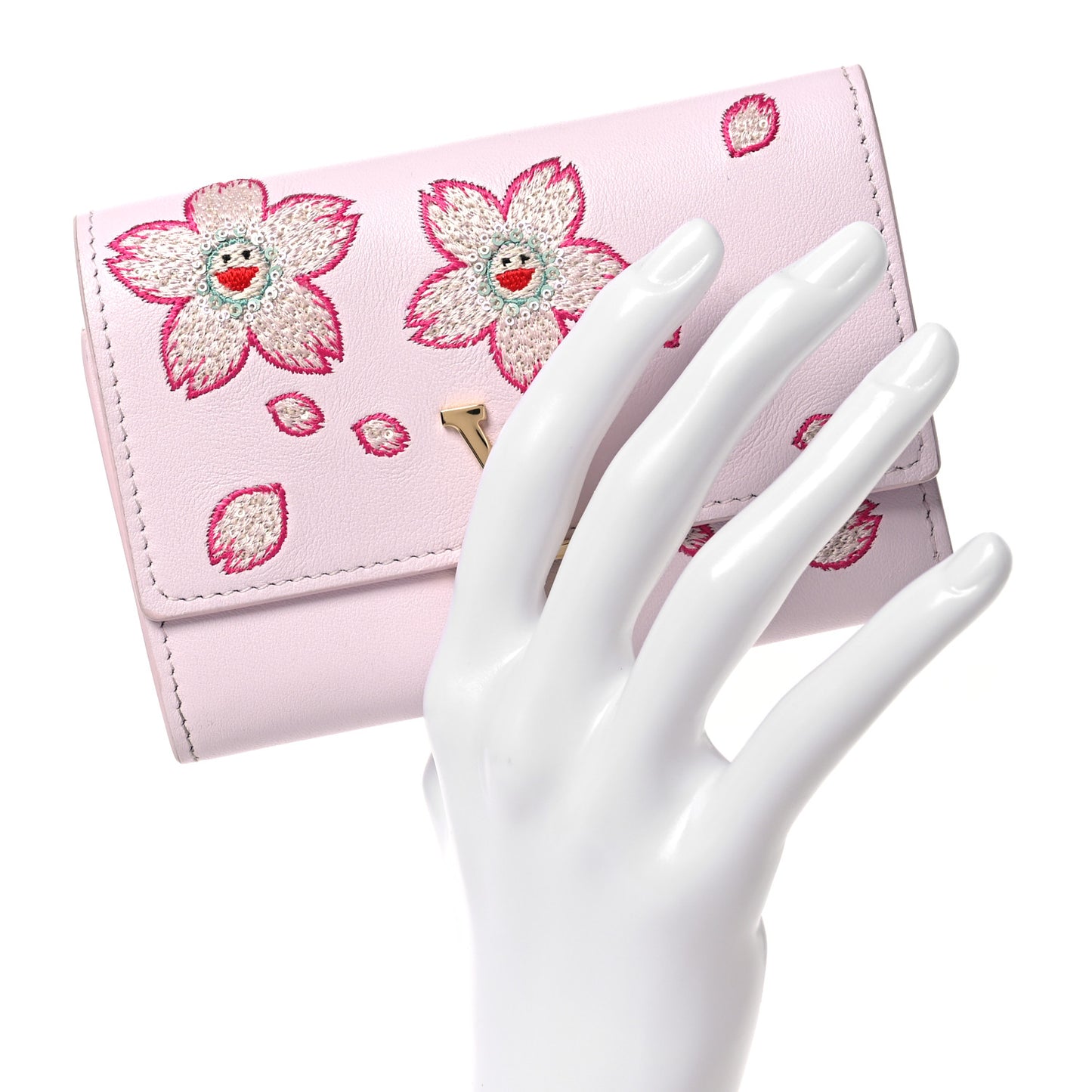 LV X TM Lambskin Embroidered Cherry Blossom Capucines Compact Wallet Pink