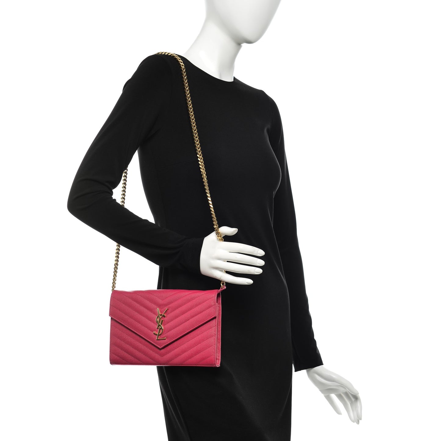 Grain De Poudre Matelasse Chevron Monogram Chain Wallet Lipstick Fuchsia