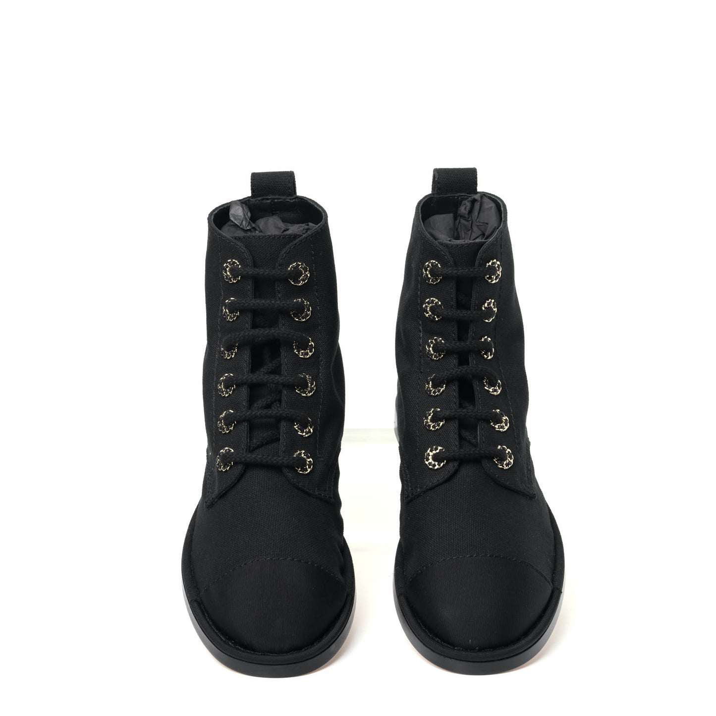Cotton Grosgrain Cap Toe CC Lace Up Boots 37 Black