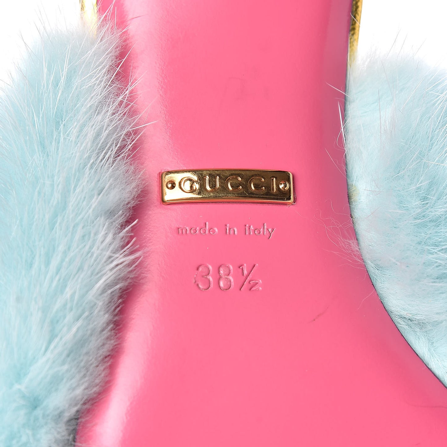 Mink Nappa Crystal Candy Mules 38.5 Vibrant Turquoise Gold