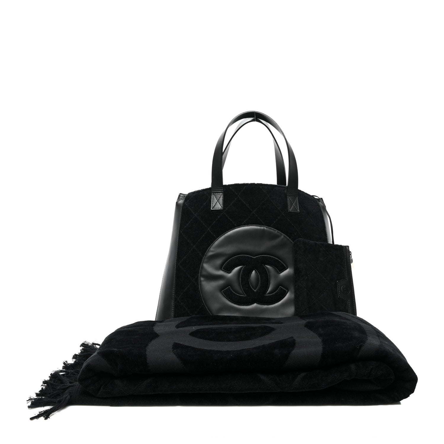 Chanel Terry Cotton CC Beach Tote Towel Set Black 1 of 11