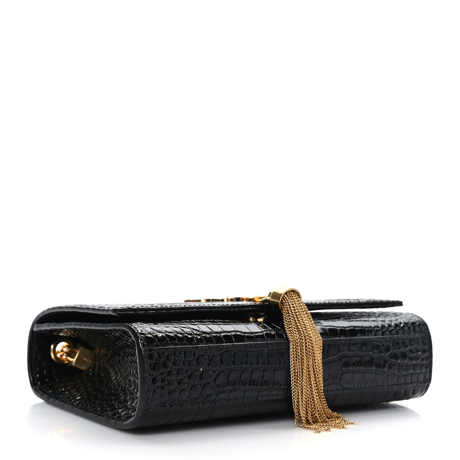 Saint Laurent Calfskin Crocodile Embossed Small Classic Monogram Kate Tassel Satchel Black 4 of 9