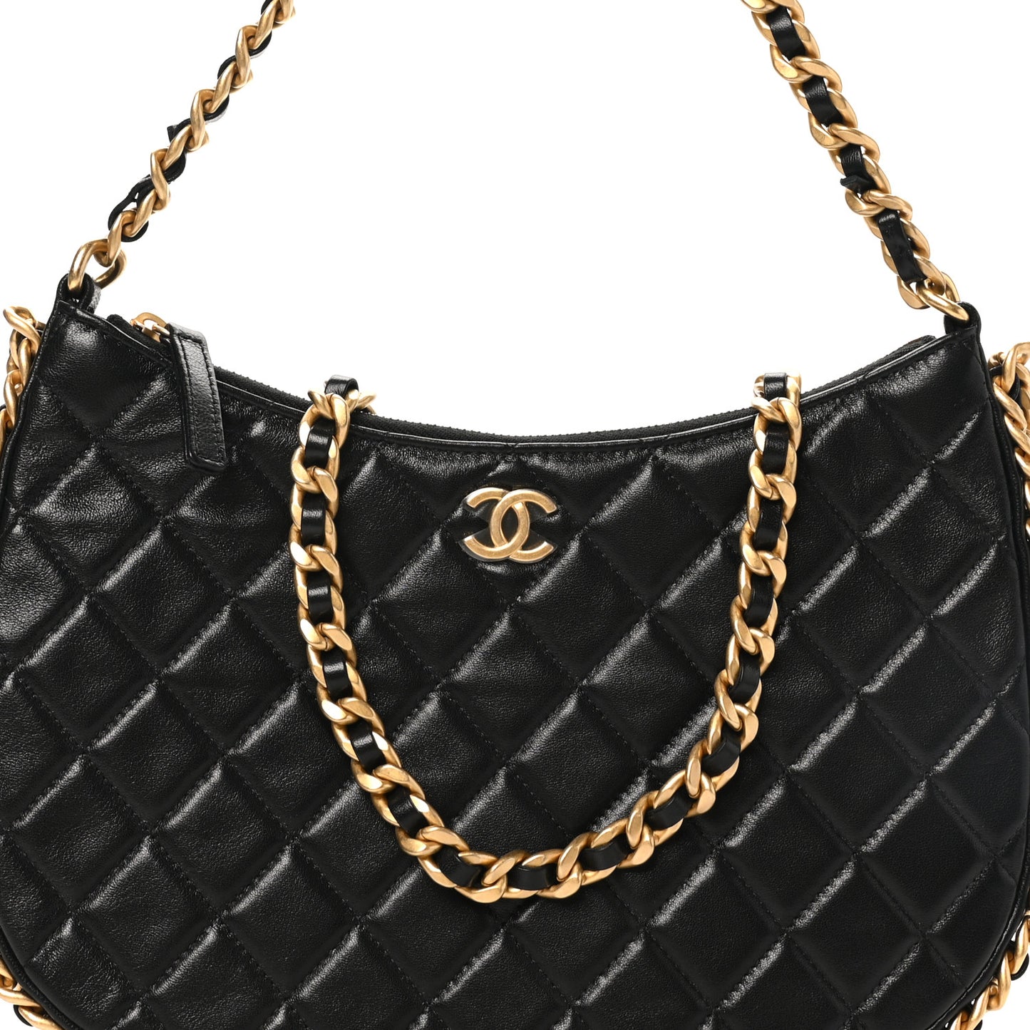 Shiny Crumpled Lambskin Quilted Large Trendy Chain Around Hobo Black