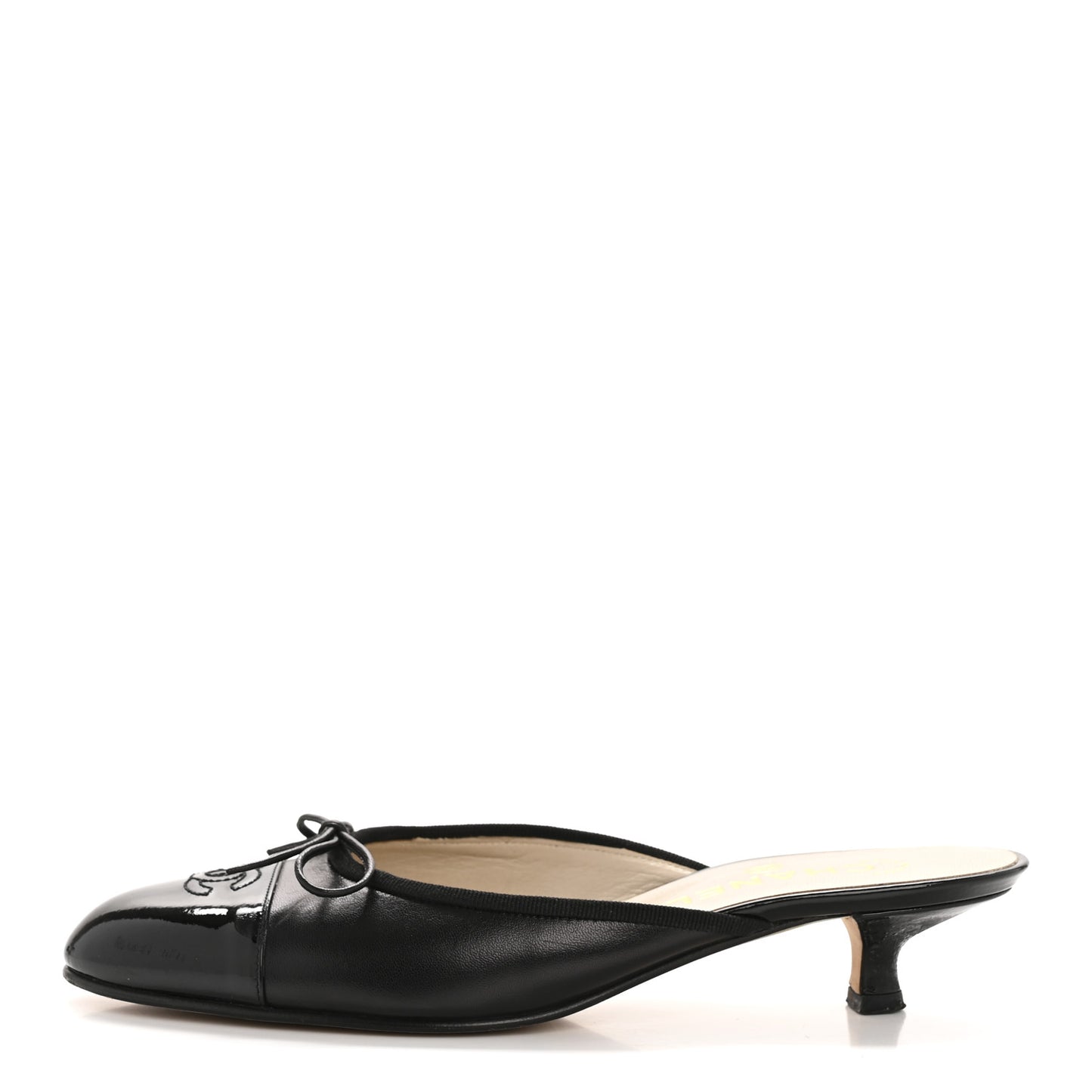 Lambskin Patent Cap Toe Bow CC Mules 36.5 Black