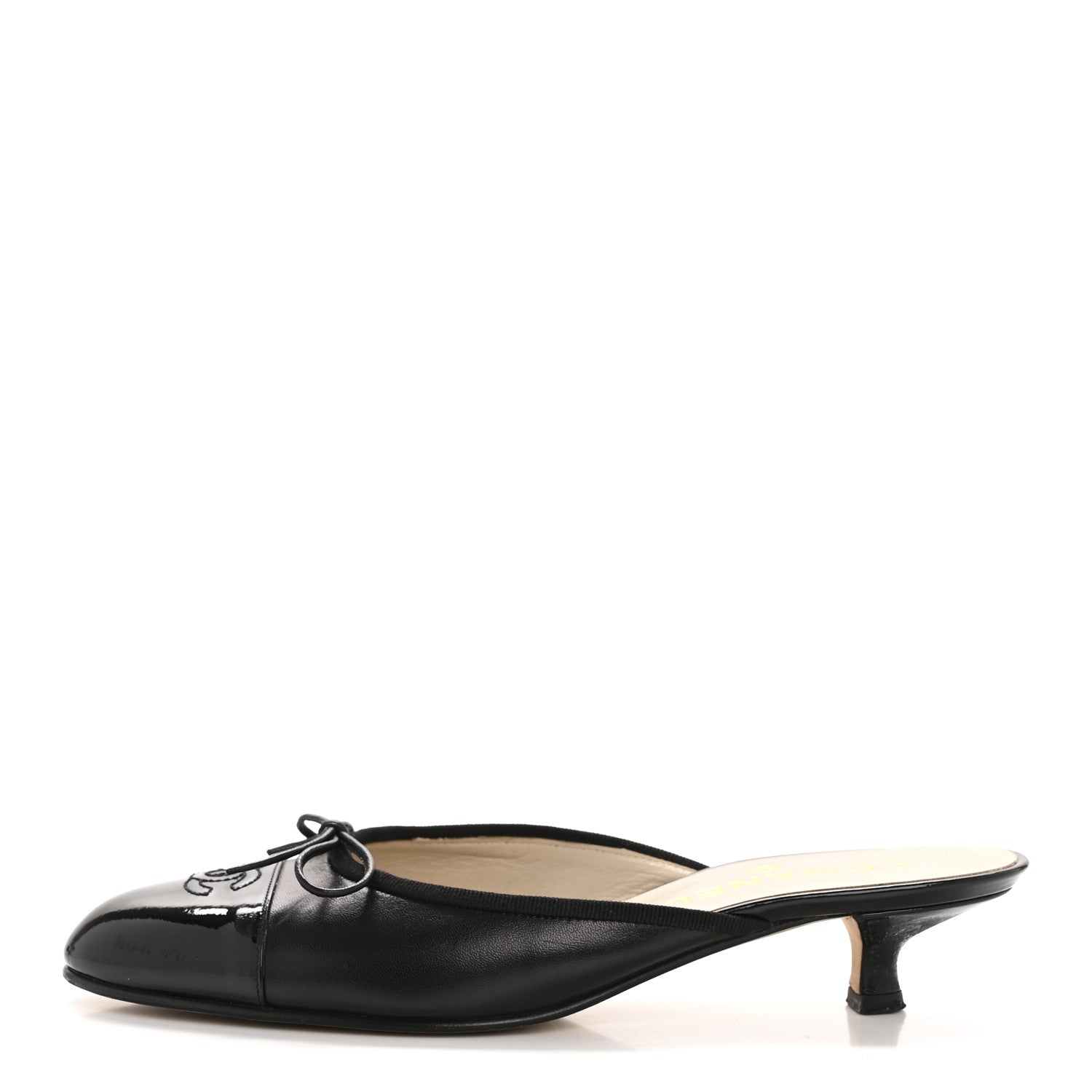 Chanel Lambskin Patent Cap Toe Bow CC Mules 36.5 Black 1 of 9