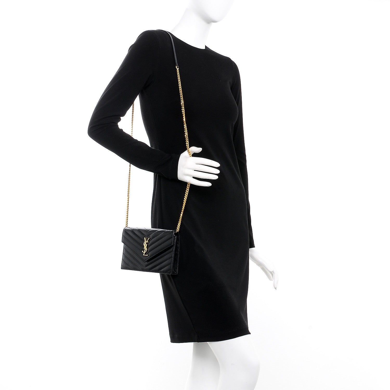 Saint Laurent Grain De Poudre Matelasse Chevron Monogram Envelope Chain Wallet Black 2 of 8