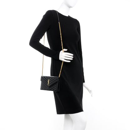 Saint Laurent Grain De Poudre Matelasse Chevron Monogram Envelope Chain Wallet Black 2 of 8