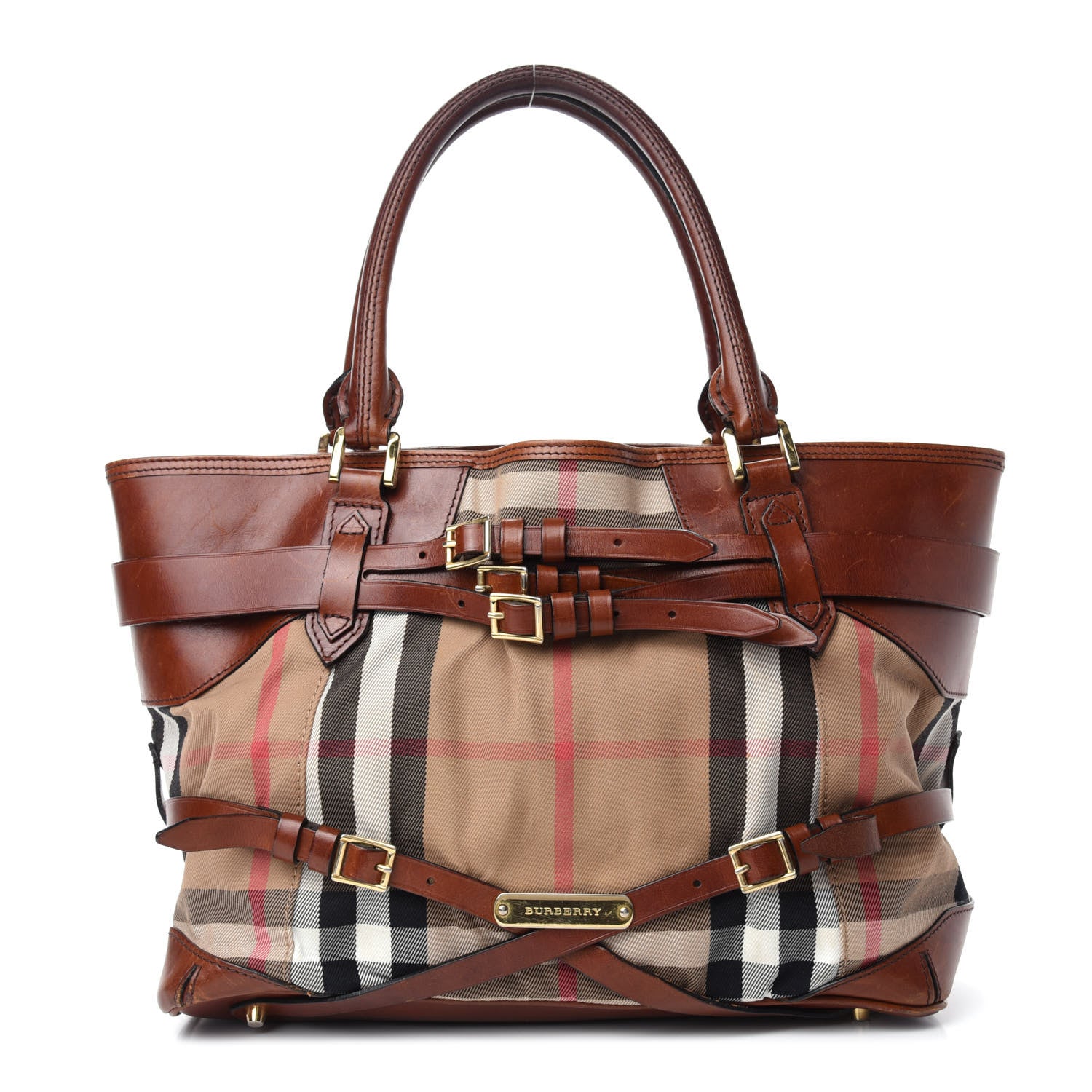 Burberry House Check Bridle Calfskin Medium Lynher Tote Dark Tan 1 of 14