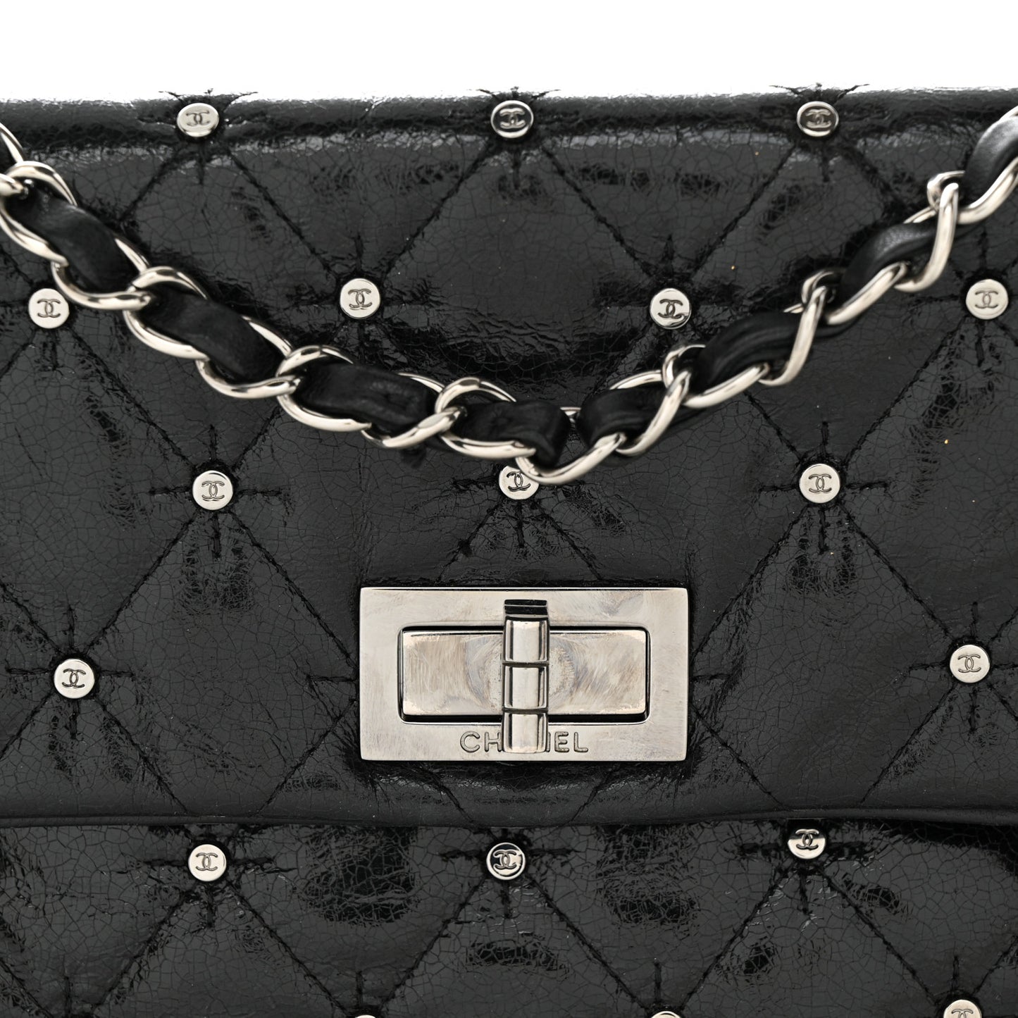 Glazed Crackled Calfskin Quilted Studded Mademoiselle Flap Black