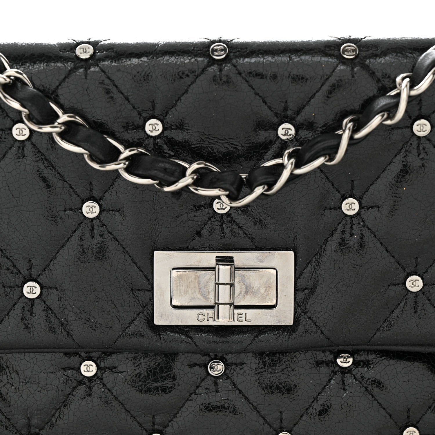 Chanel Glazed Crackled Calfskin Quilted Studded Mademoiselle Flap Black 8 of 10