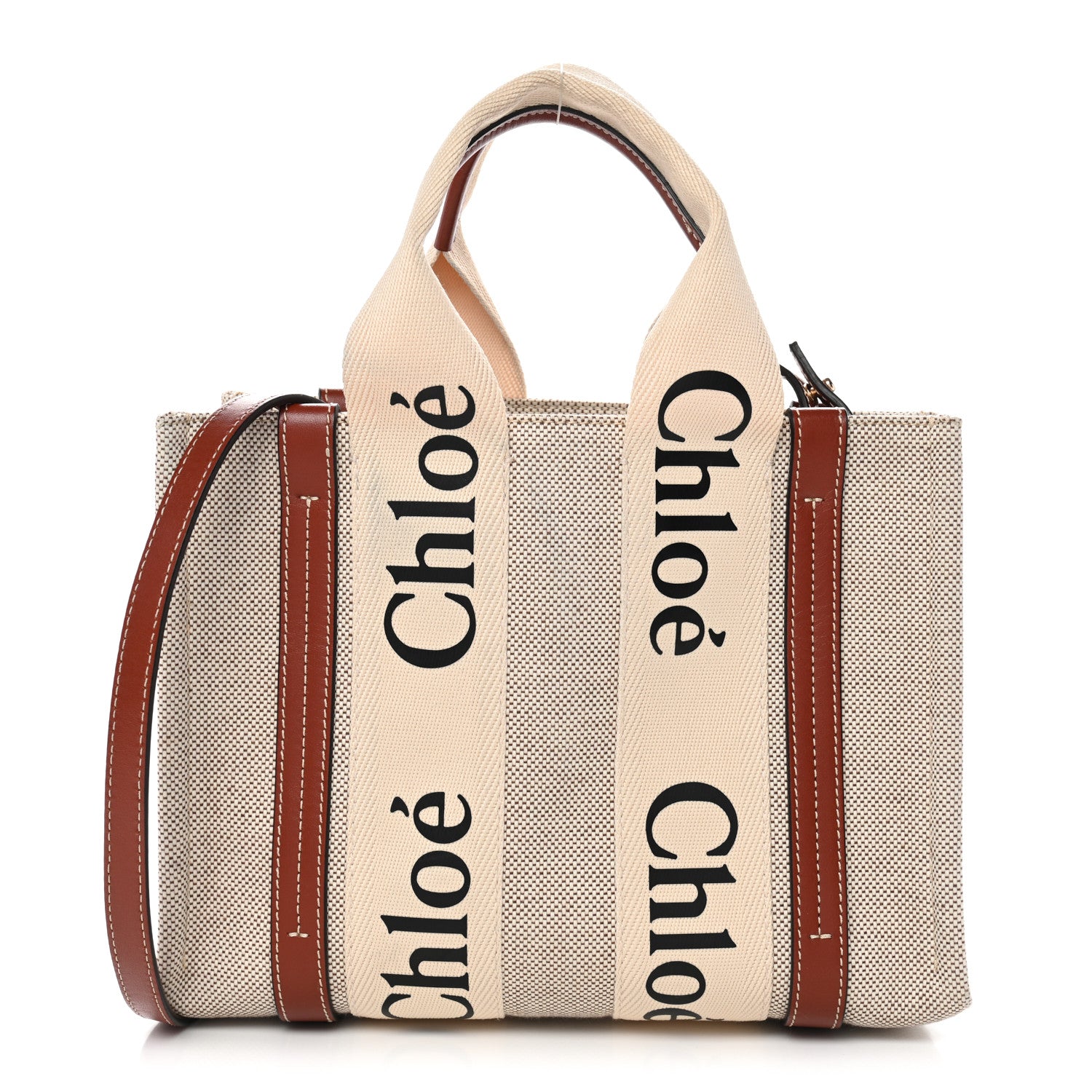Chloe Cotton Calfskin Small Woody Ribbon Tote White Brown 1 of 10