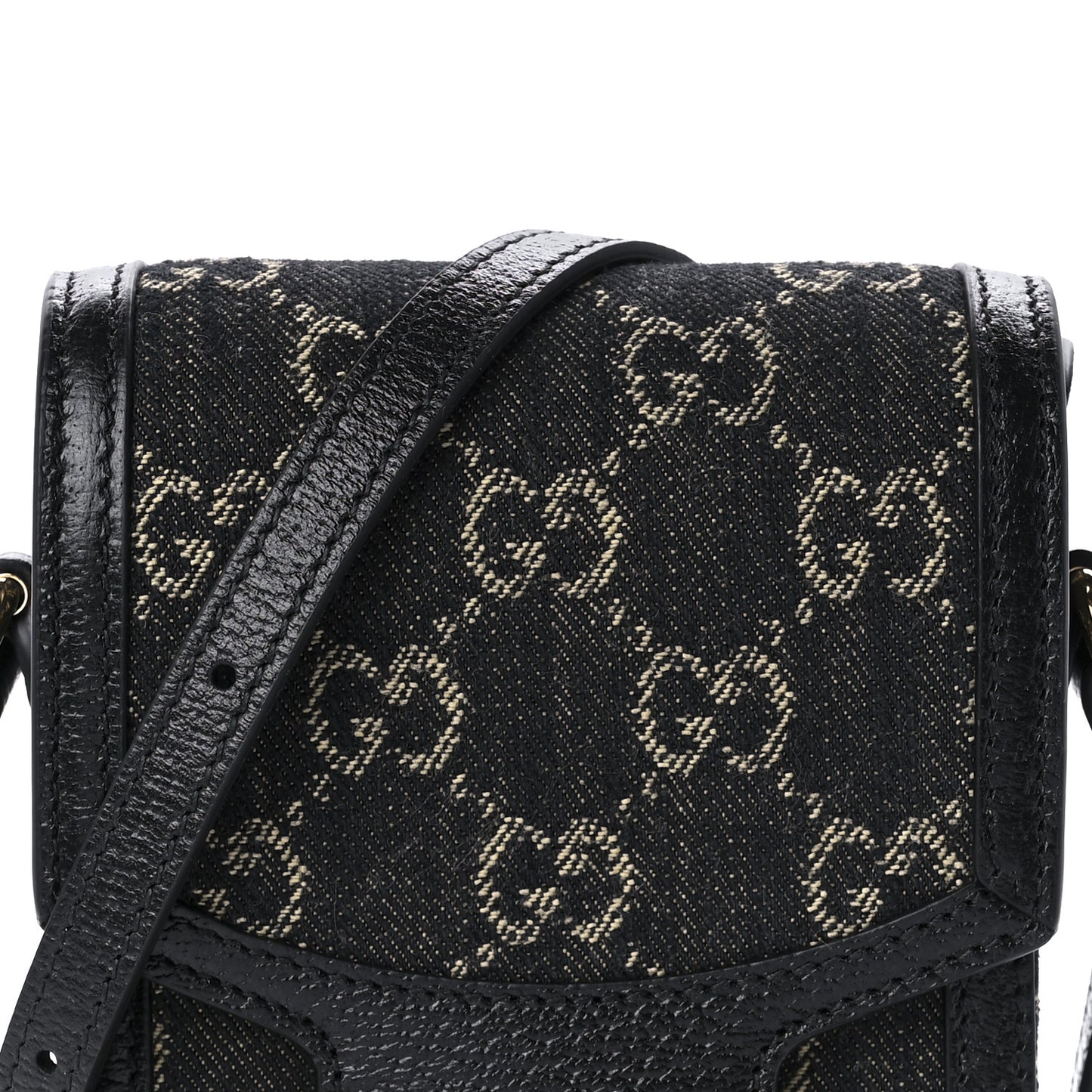 Jacquard Black Denim GG Monogram Textured Dollar Calfskin Mini Horsebit 1955 Crossbody Bag Black Ivory