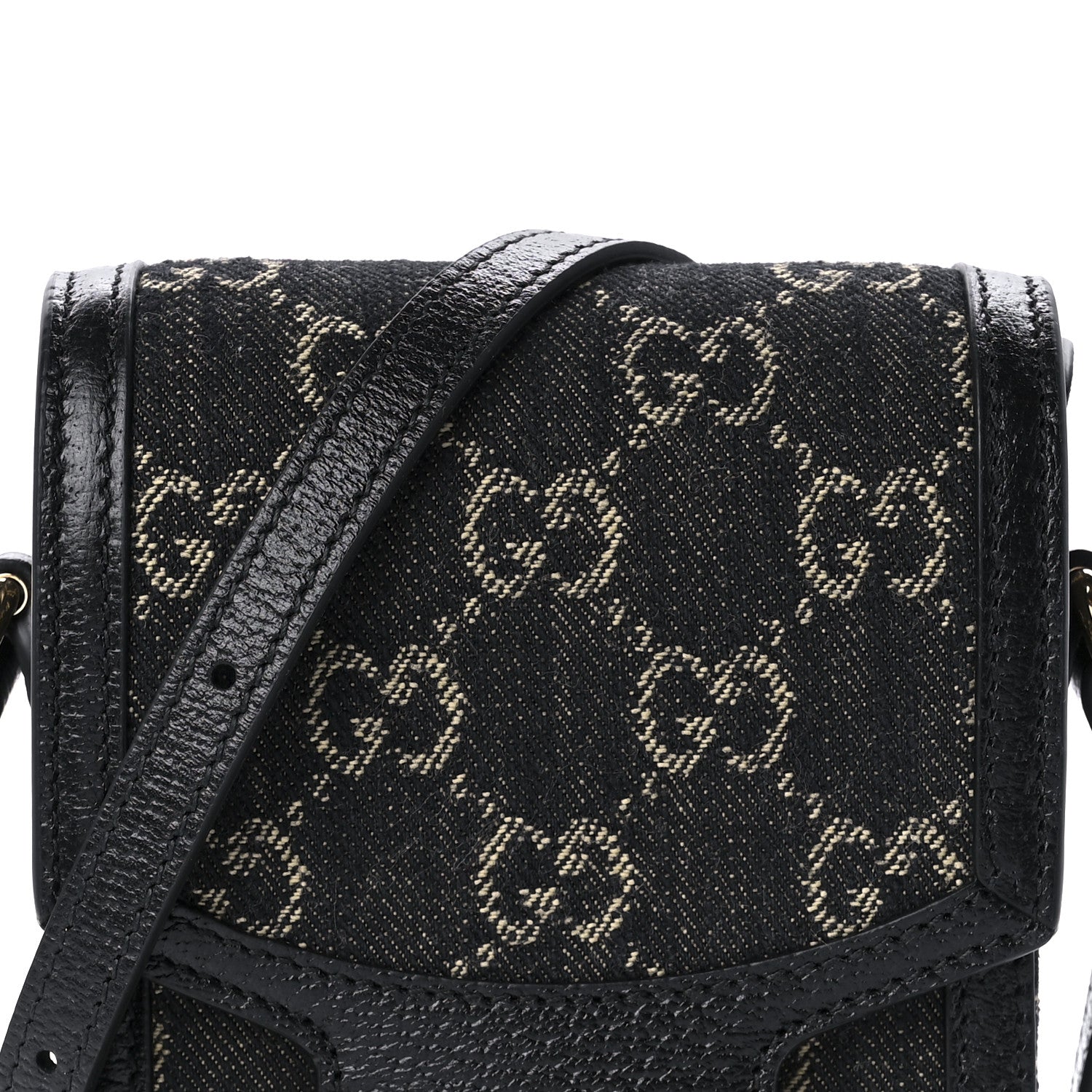 Gucci Jacquard Black Denim GG Monogram Textured Dollar Calfskin Mini Horsebit 1955 Crossbody Bag Black Ivory 8 of 9