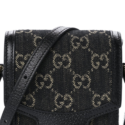 Gucci Jacquard Black Denim GG Monogram Textured Dollar Calfskin Mini Horsebit 1955 Crossbody Bag Black Ivory 8 of 9