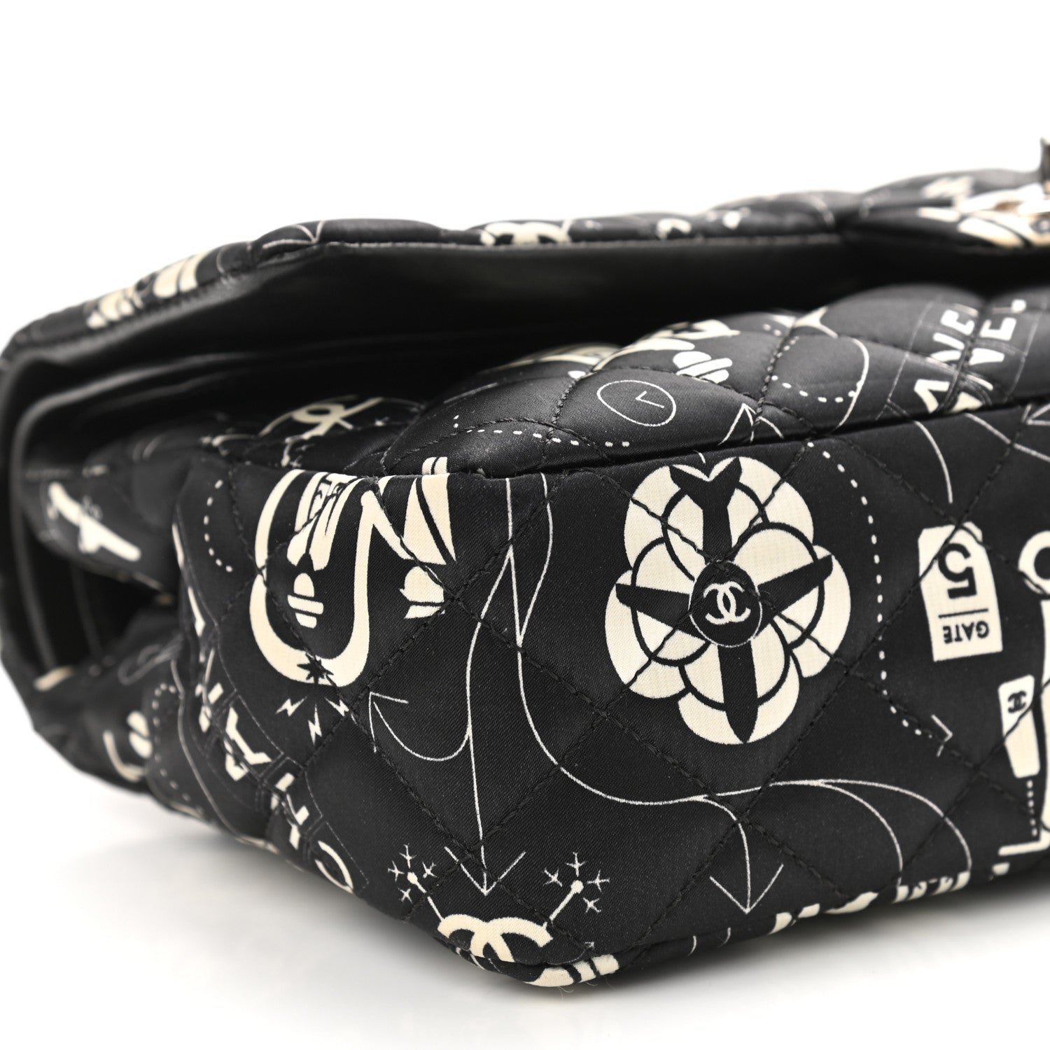 Chanel Satin Airline Printed Medium Double Flap Black White 5 of 10