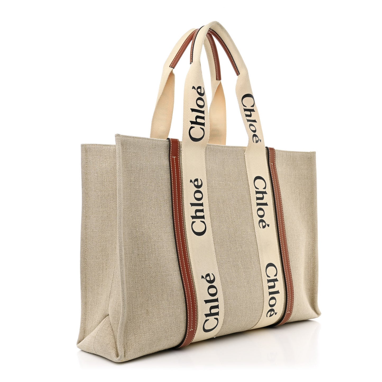 Linen Calfskin Large Woody Ribbon Tote White Brown