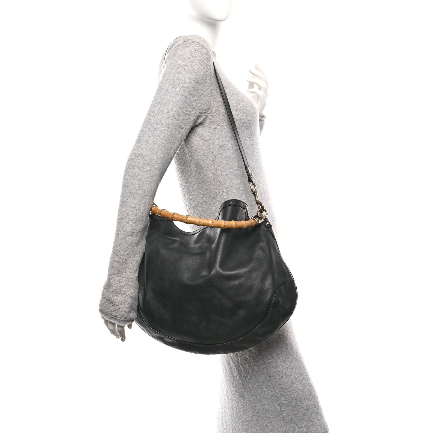 Calfskin Peggy Bamboo Top Handle Hobo Black
