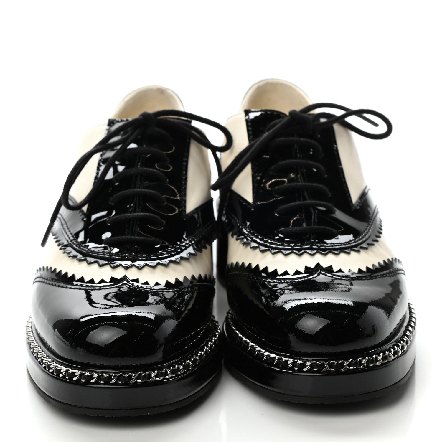 Chanel Lambskin Patent Calfskin CC Brogue Lace Up Oxfords 35.5 Ivory Black 2 of 9