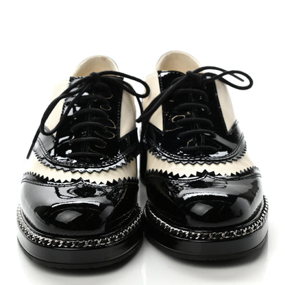 Chanel Lambskin Patent Calfskin CC Brogue Lace Up Oxfords 35.5 Ivory Black 2 of 9