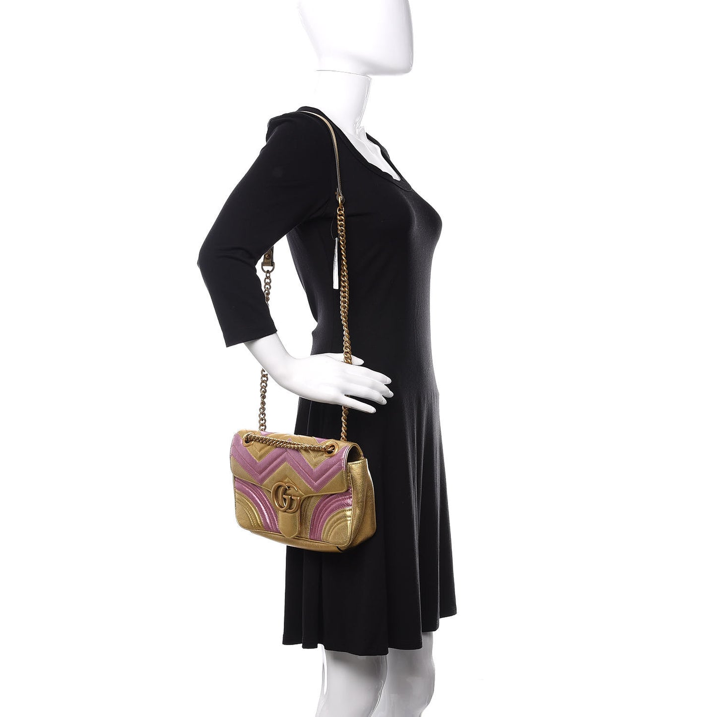Metallic Calfskin Matelasse Small GG Marmont Shoulder Bag Gold Pink