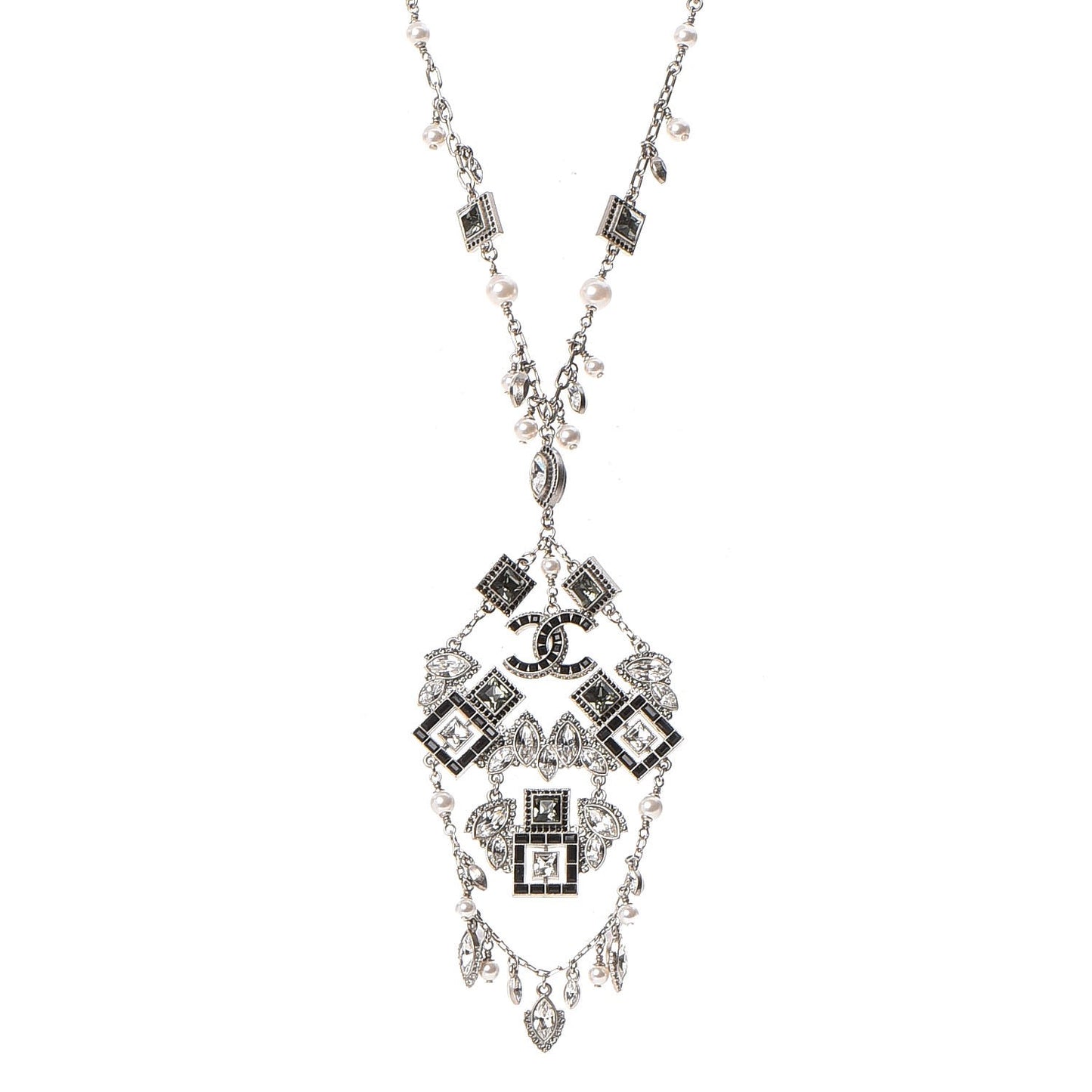 Crystal Strass Pearl CC Necklace Silver Black