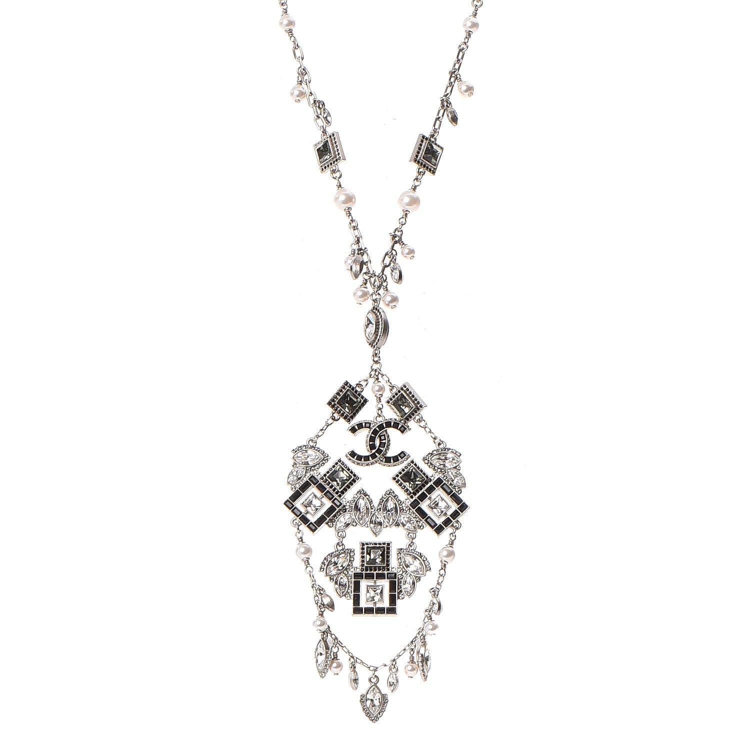 Chanel Crystal Strass Pearl CC Necklace Silver Black 1 of 7