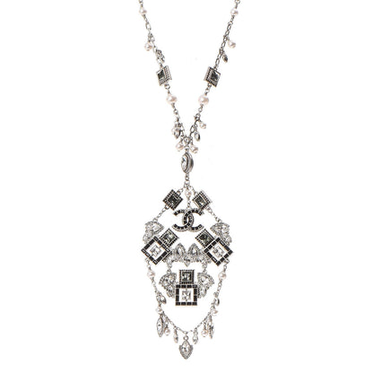 Chanel Crystal Strass Pearl CC Necklace Silver Black 1 of 7