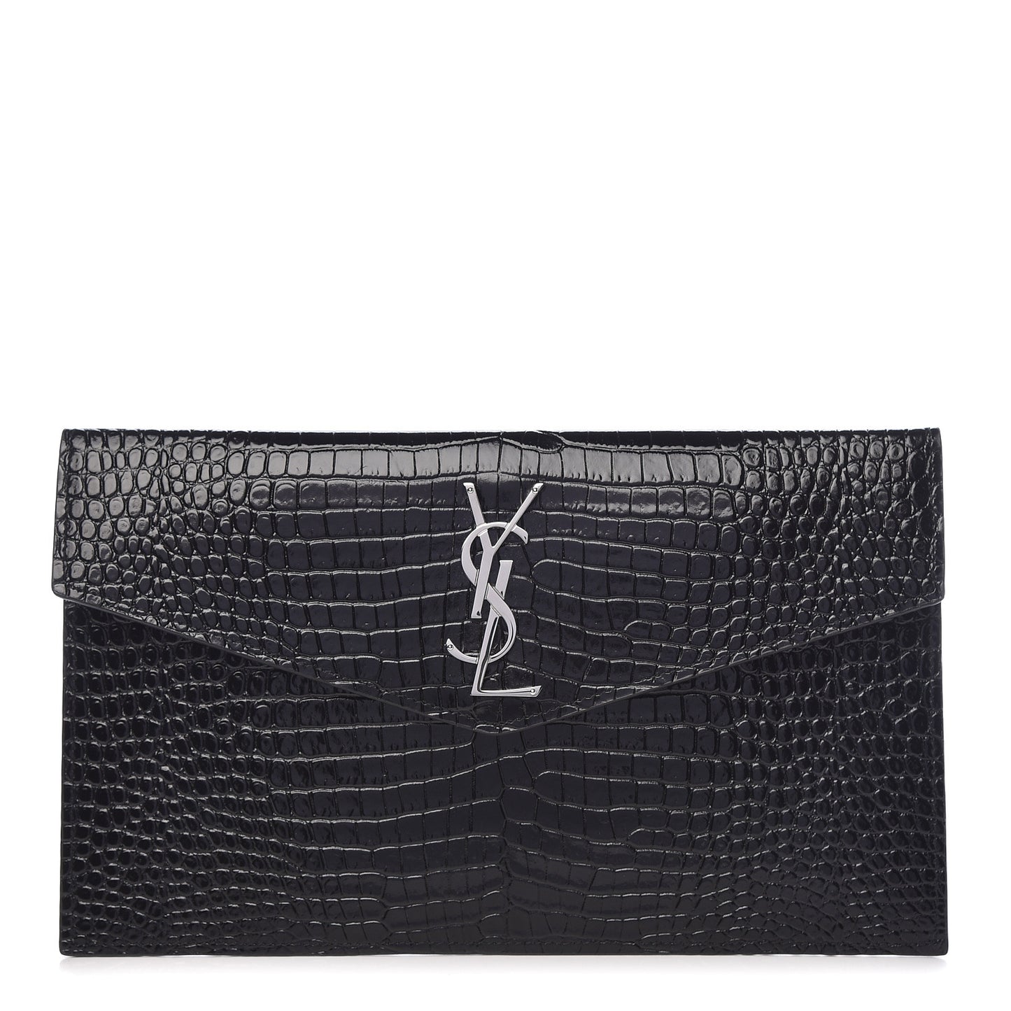 Calfskin Crocodile Embossed Uptown Monogram Clutch Black