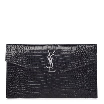 Saint Laurent Calfskin Crocodile Embossed Uptown Monogram Clutch Black 1 of 8