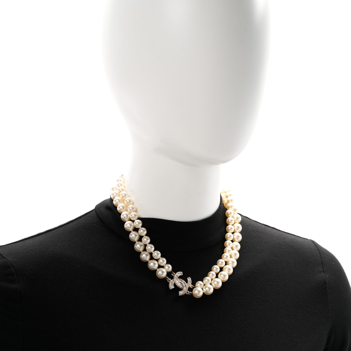 Baguette Crystal Pearl CC Double Strand Necklace Gold
