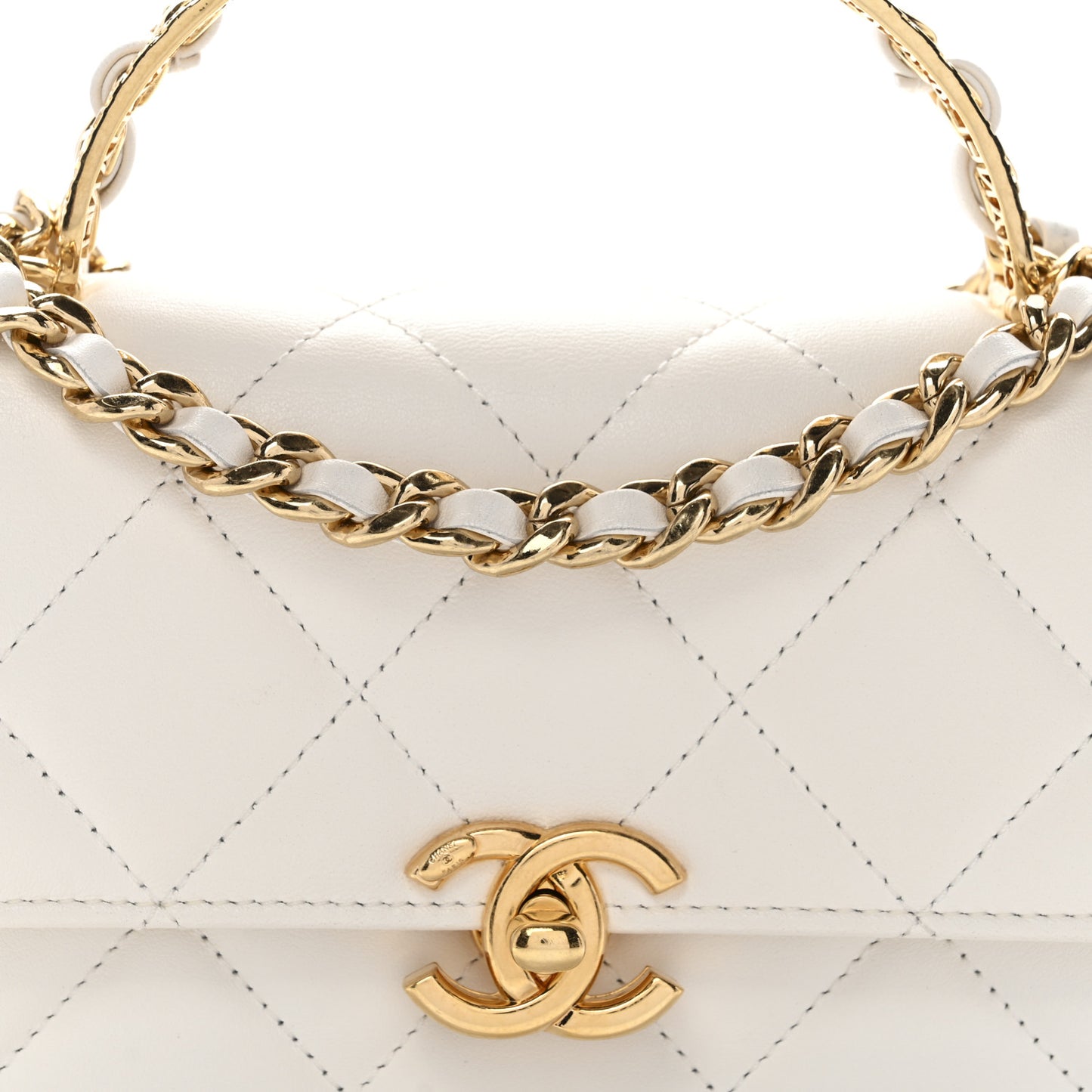 Shiny Calfskin Quilted Mini Metal Top Handle Flap White