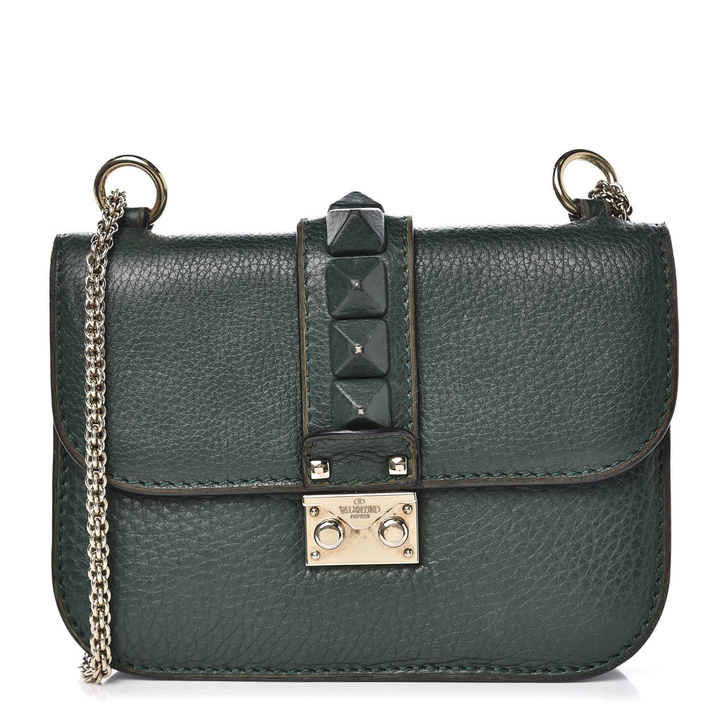 Pebbled Calfskin Small Glam Lock Rockstud Flap Dark Green